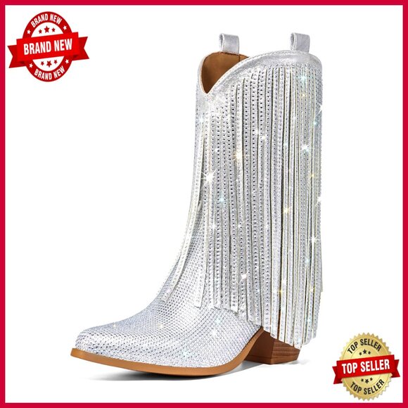 Shoes - Rhinestone Cowboy Boots Sparkly Fringe Western Chunky Heel Pointed Toe